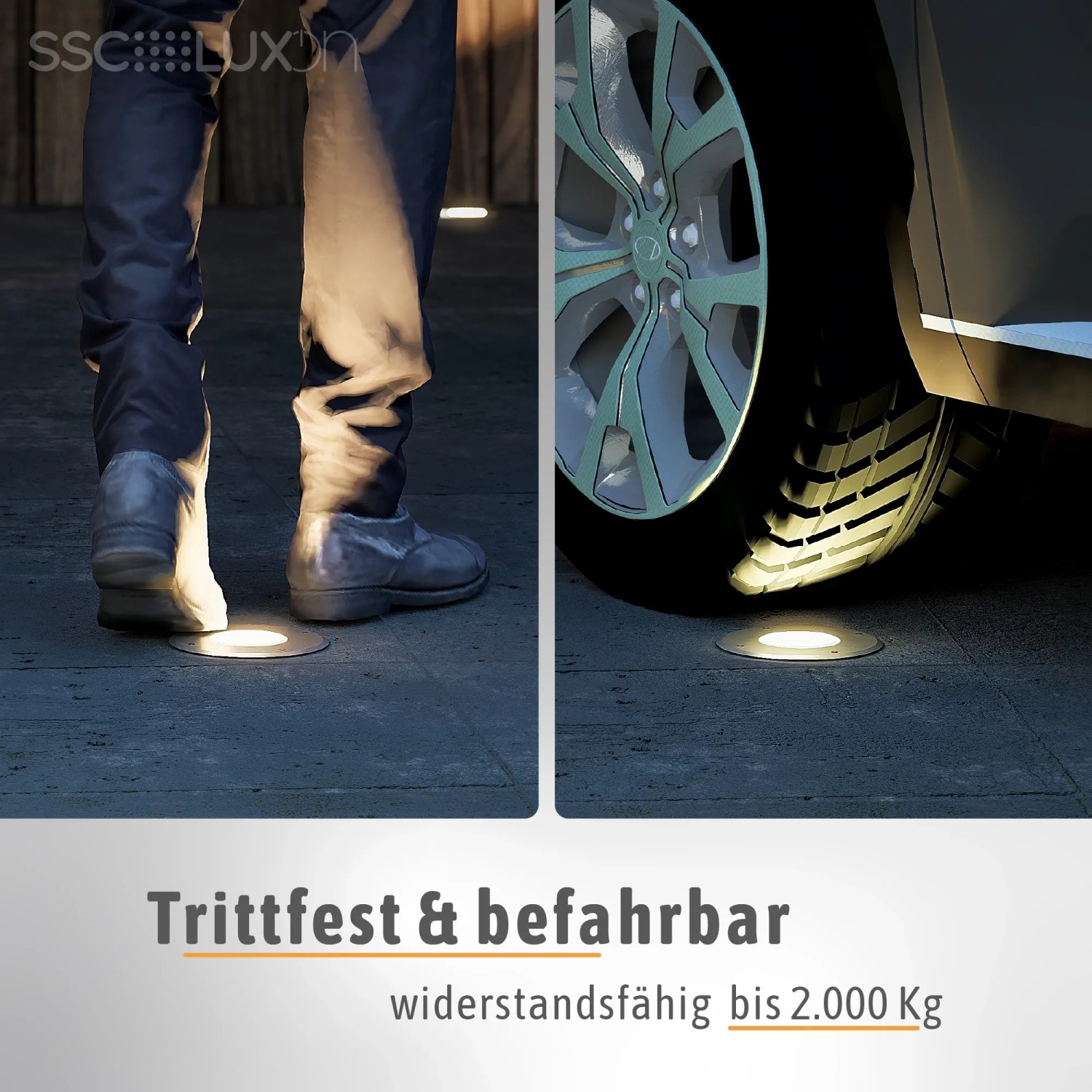 Befahrbarer SSC-LUXon Juavi Bodeneinbaustrahler in Silber mit warmweißem Licht.