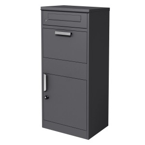 Freistehender, anthrazitfarbener ML-Design Paketbriefkasten aus verzinktem Stahl.