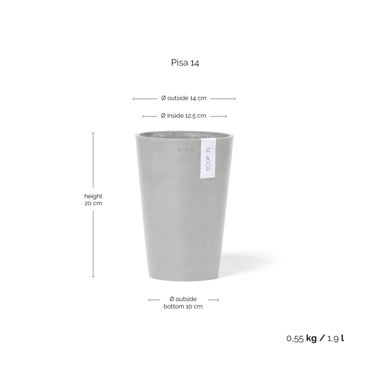Ecopots Vase Pisa, weißgrau, 14x20 cm. Dekorative Blumenvase für Innen und Außen.