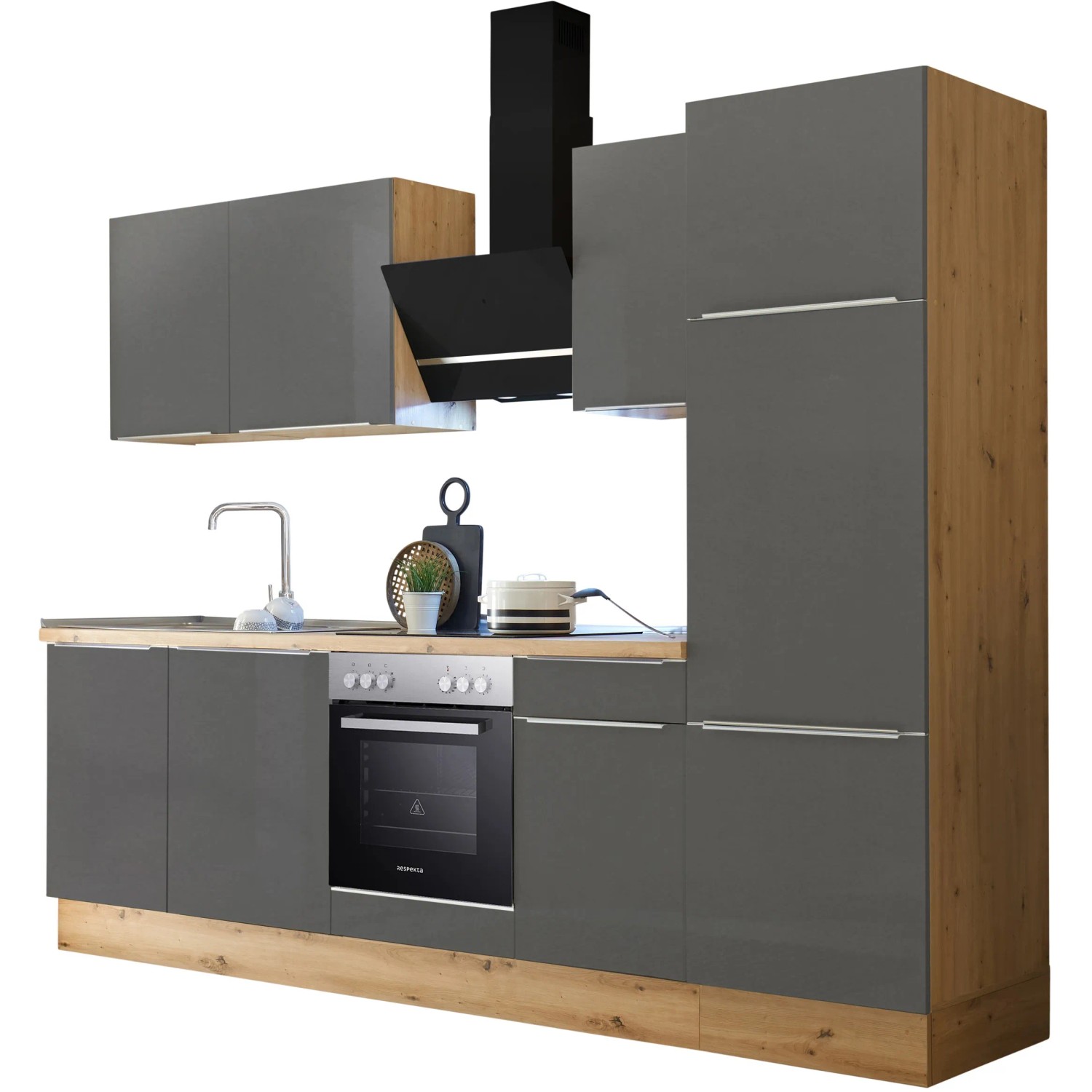 Respekta Küchenzeile Marleen 280 cm in Artisan-Eiche und Grau Matt mit E-Geräten.