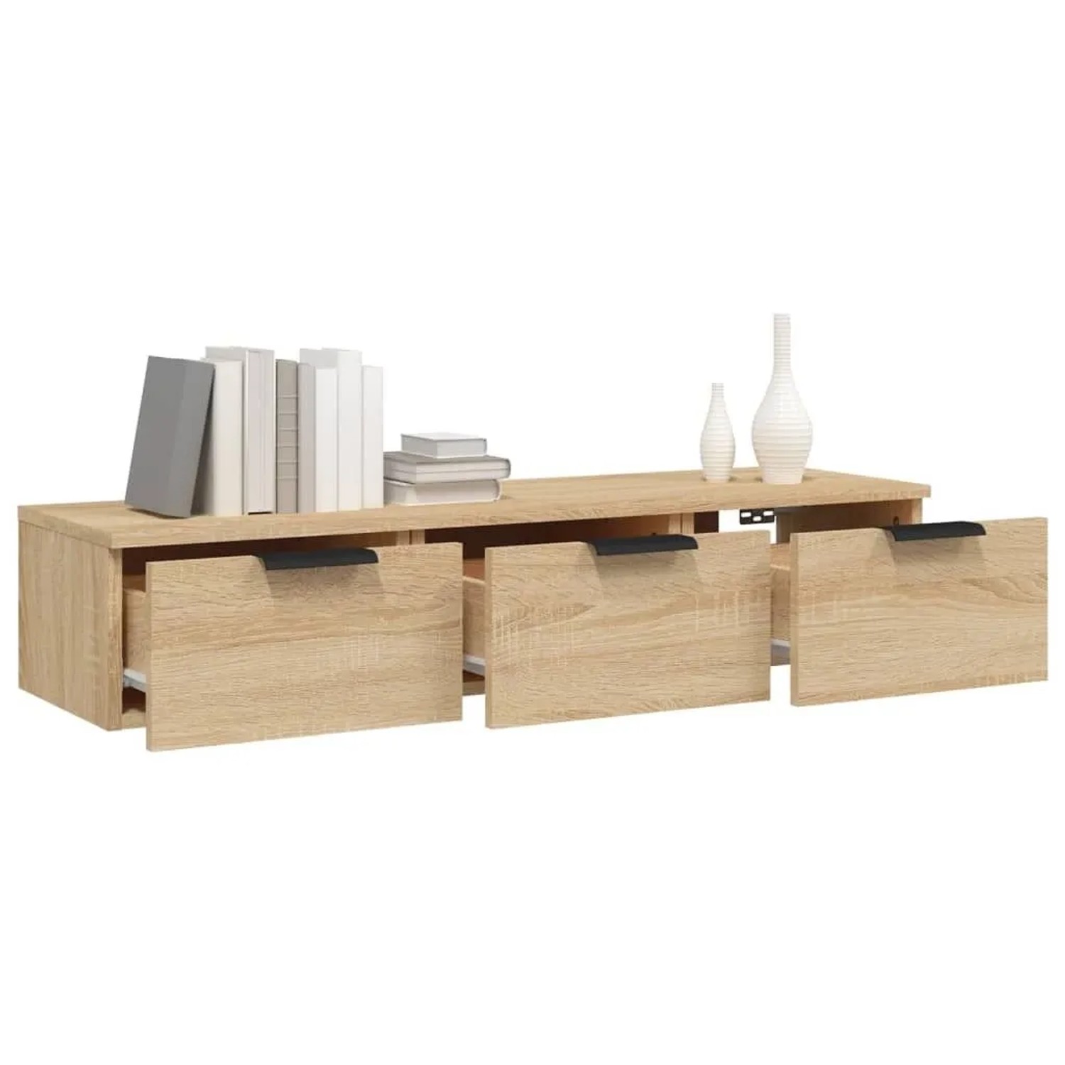 vidaXL Wandschrank Sonoma-Eiche, Holzwerkstoff, mit 3 offenen Schubladen, schwarzen Griffen, Bücher & Deko.