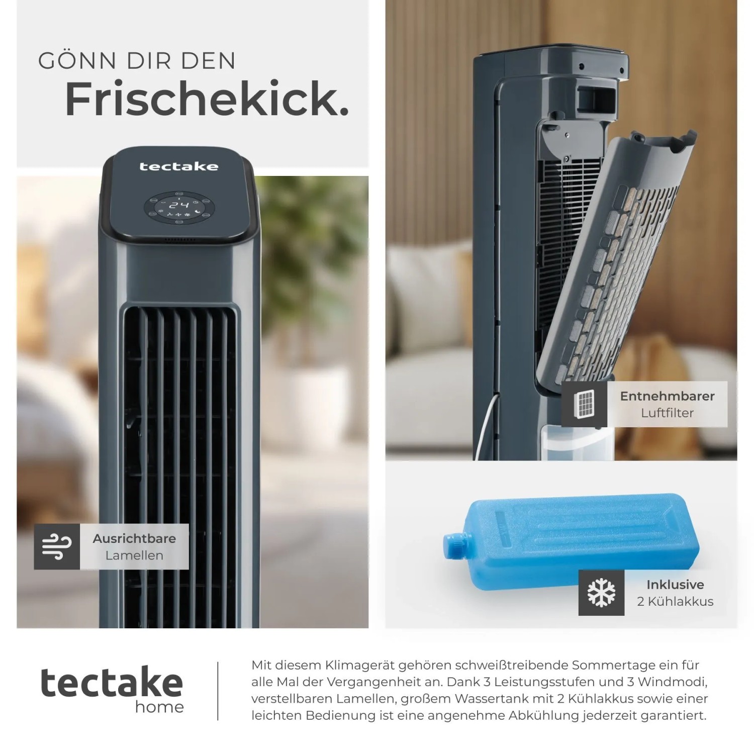 Tectake Luftkühler Alaska: Mobiles Klimagerät mit Kühlakku und einstellbaren Lamellen.