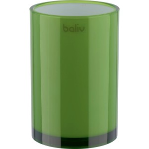 Grüner, glänzender baliv Zahnputzbecher aus Kunststoff für das Badezimmer.