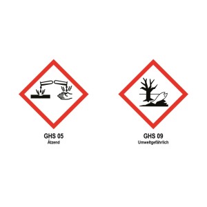 Gefahrensymbole für Planet Pool Algizid: Ätzend und Gefahr für Wasserorganismen.