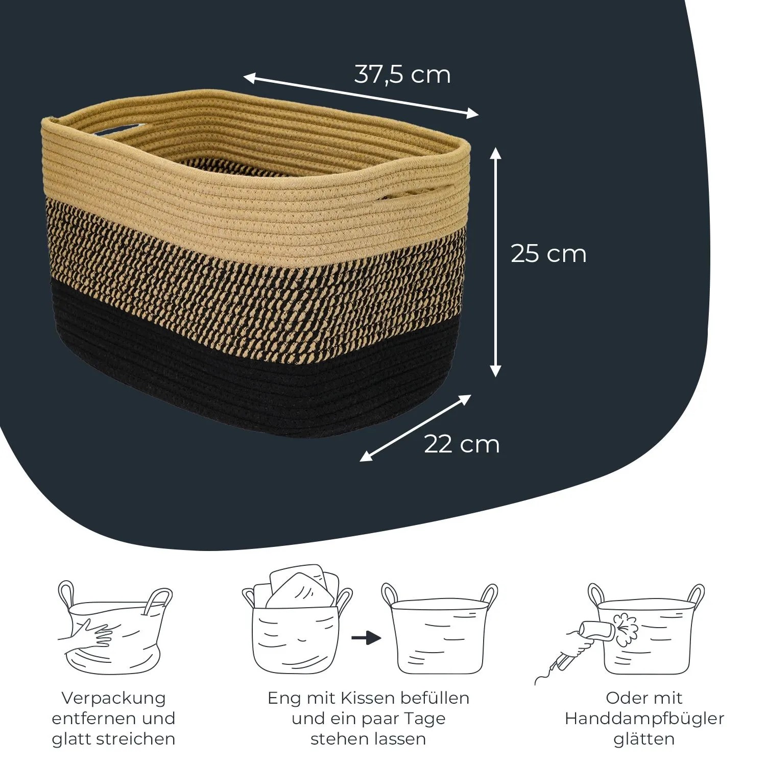 HMF 39010-37CM-81 Aufbewahrungskorb Versteckten Griffen 3er Set Korb Baumwolle 37 x 25 x 22 cm Schwarz-Honig_3