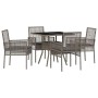 Graue 5-teilige vidaXL Garten Essgruppe aus Poly Rattan mit Tisch und Stühlen.