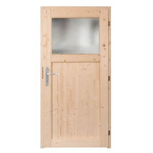 Nebeneingangstür Panto NET 501 aus Holz, Natur, mit Lichtausschnitt und Ornamentglas.