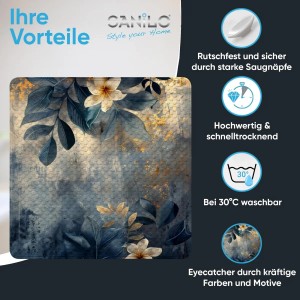 Sanilo Badematte Lilybud mit floralem Muster in Blau und Gold für Badewanne und Dusche.