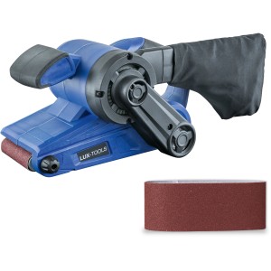 LUX Bandschleifer BAS-920 mit Staubbeutel und Schleifband. Blaue Schleifmaschine.