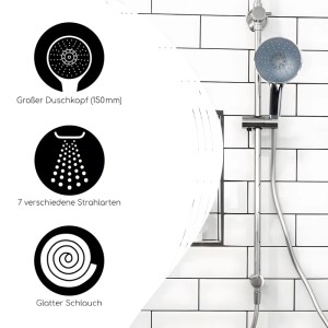 Bath4U Duschkopf 150mm & 3/4 Zoll Anschluss 7 Strahlarten inkl. Schlauch 1 5m