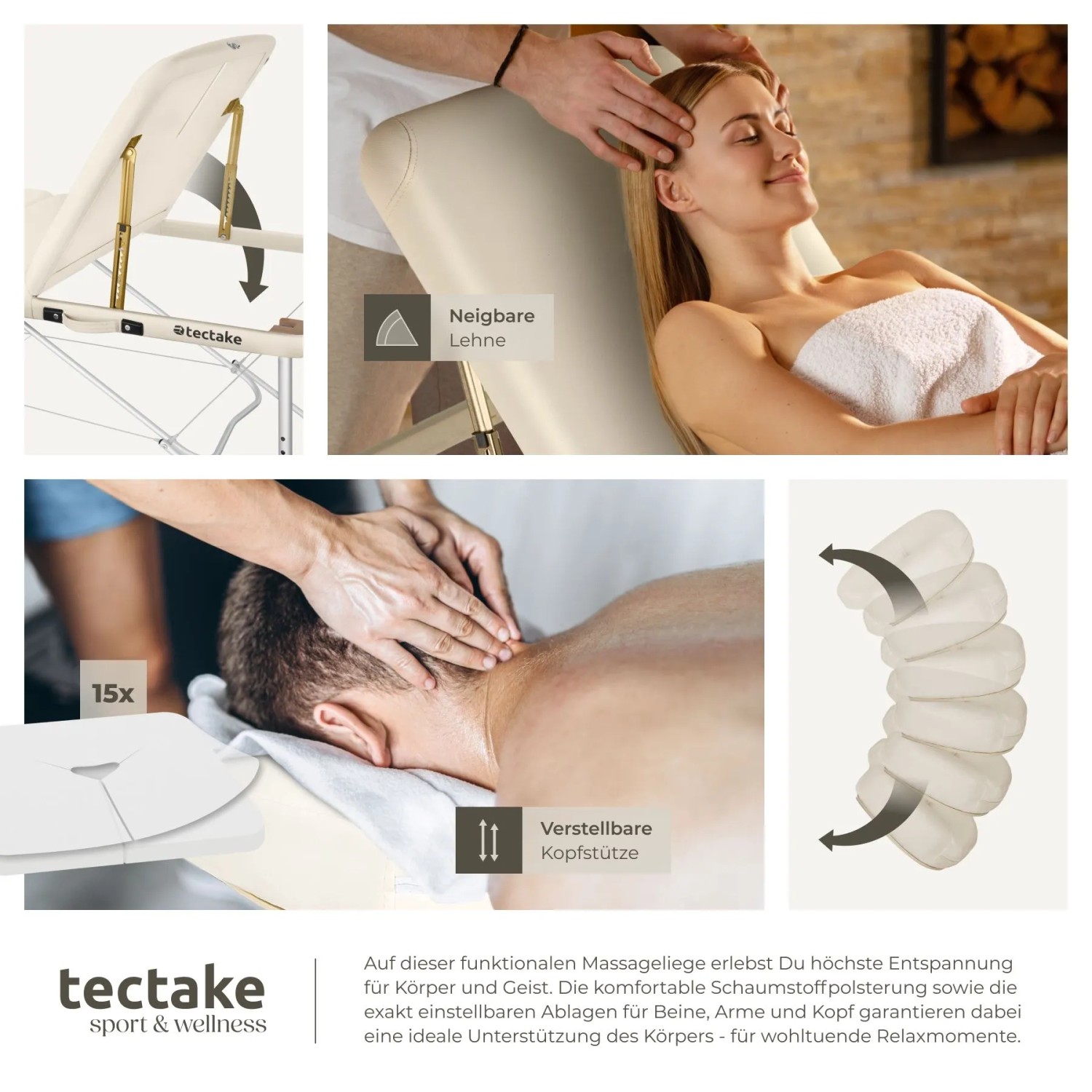 Tectake 3 Zonen Massageliege Phuket Breite 70 cm  Polsterung 5 cm Inklusive Tragetasche und 15 Einwegtücher  212 x 103 x 90 cm Beige_7