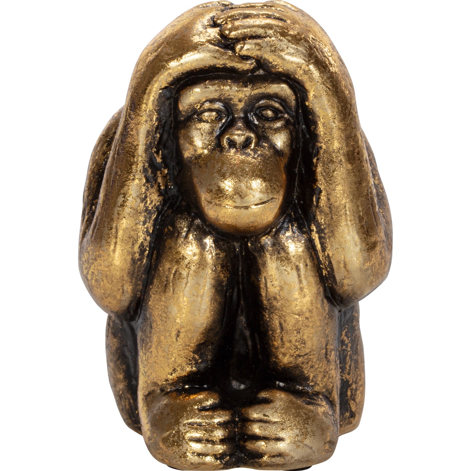 Dekorativer Affe aus dem 3-teiligen Dark Wonder Set, goldfarben, Hände vor den Augen.