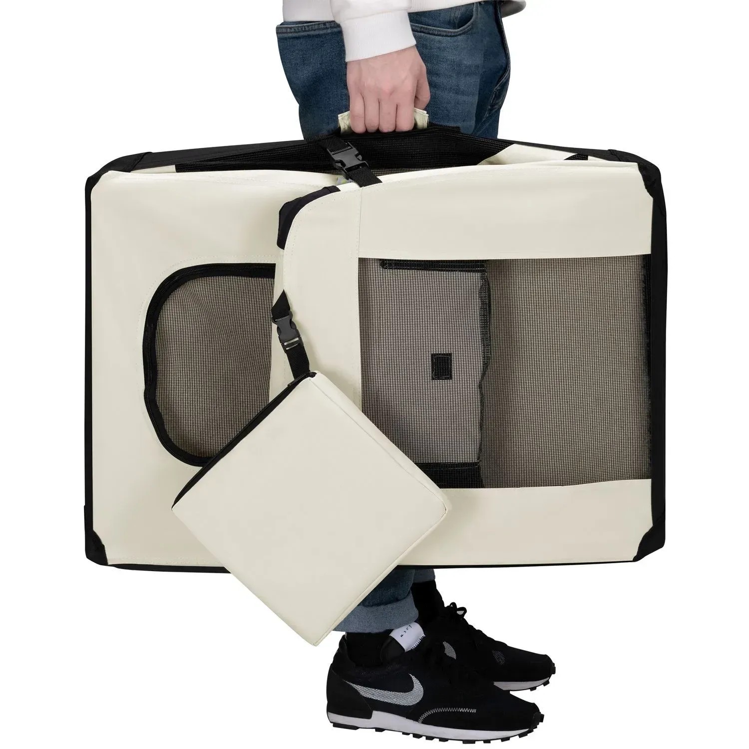 Beige Juskys Hundetransportbox Lassie S, faltbar mit Tragegurt und Netzfenster.