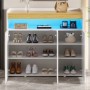 Merax Sideboard weiß mit 3 Türen, offenem Fach und blauer LED-Beleuchtung, gefüllt mit Schuhen. Modernes Wohnzimmermöbel.