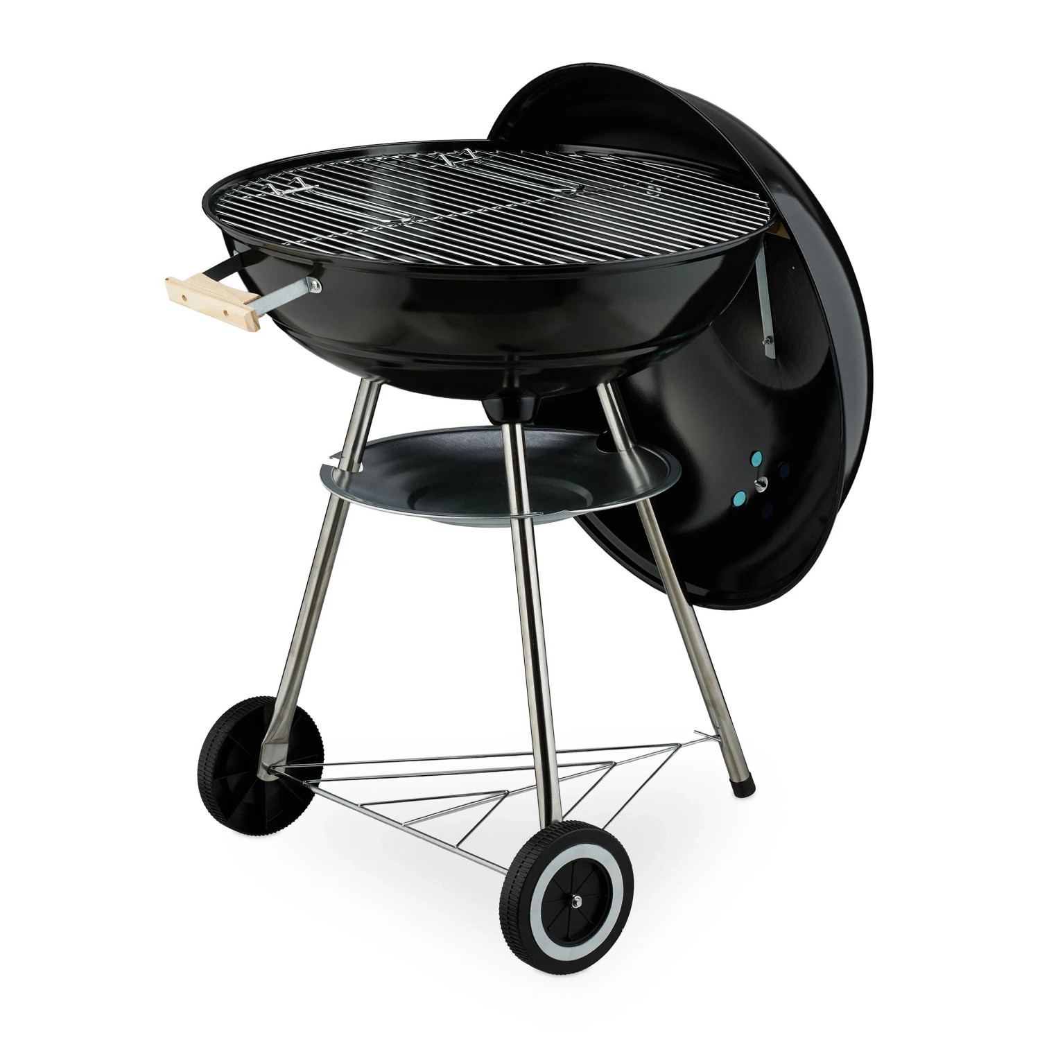 Schwarzer Kugelgrill aus Stahl, fahrbar mit Rädern, offenem Deckel, Grillrost und Holzgriff. Ideal für Garten & BBQ.