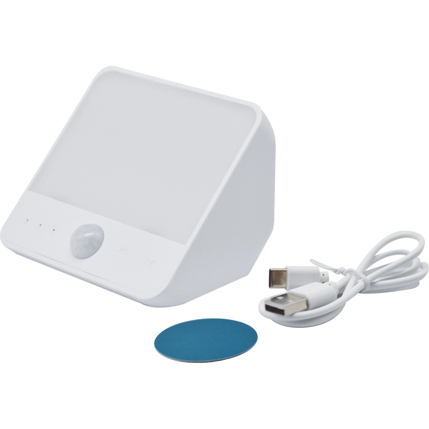 Weißes LED Nachtlicht mit Bewegungssensor, USB-Kabel und Klebepad.