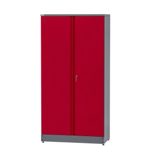 Küpper Materialschrank, dunkelrot, mit 2 Türen, 10 Schubladen und einer Höhe von 180 cm.