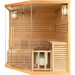XL Sauna SKYLINE BIG aus Tannenholz mit Glasfront und Bänken. Ideal für Saunagänge im eigenen Zuhause.