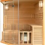 XL Sauna SKYLINE BIG aus Tannenholz mit Glasfront und Bänken. Ideal für Saunagänge im eigenen Zuhause.