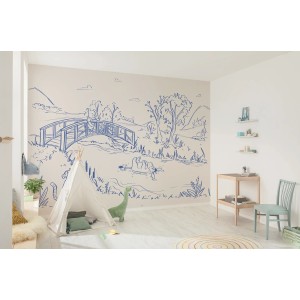 Komar Vlies Fototapete Disney Winnie Pooh Blue Ink, beige-blaue Skizze im Kinderzimmer.
