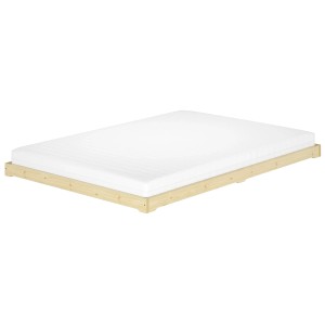 Niedriges Futonbett 140x200 cm aus unbehandeltem Fichtenholz mit Rollrost. Ideal für DIY-Projekte.