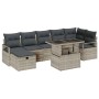 Hellgraues 8-teiliges vidaXL Garten-Sofa-Set aus Poly Rattan mit Tisch und Kissen.