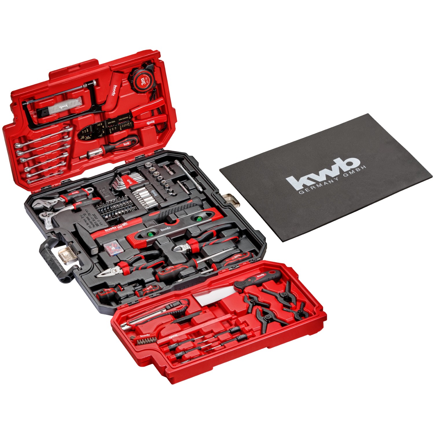 Offener kwb Werkzeugkoffer, 125-teilig, mit Werkzeugen wie Hammer, Schraubendreher und Zangen.