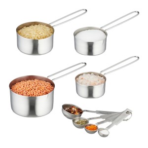 Relaxdays Messbecher- und Löffelset, 8-teilig, Edelstahl, für Küche und Backen.