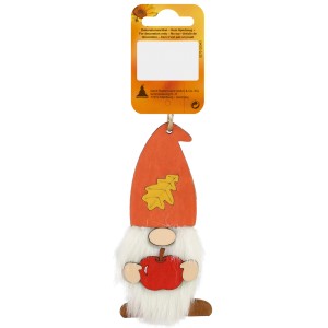 Deko Herbstwichtel aus Holz, 11,5 cm, mit rotem Apfel. Herbstliche Dekofigur für Innenräume.