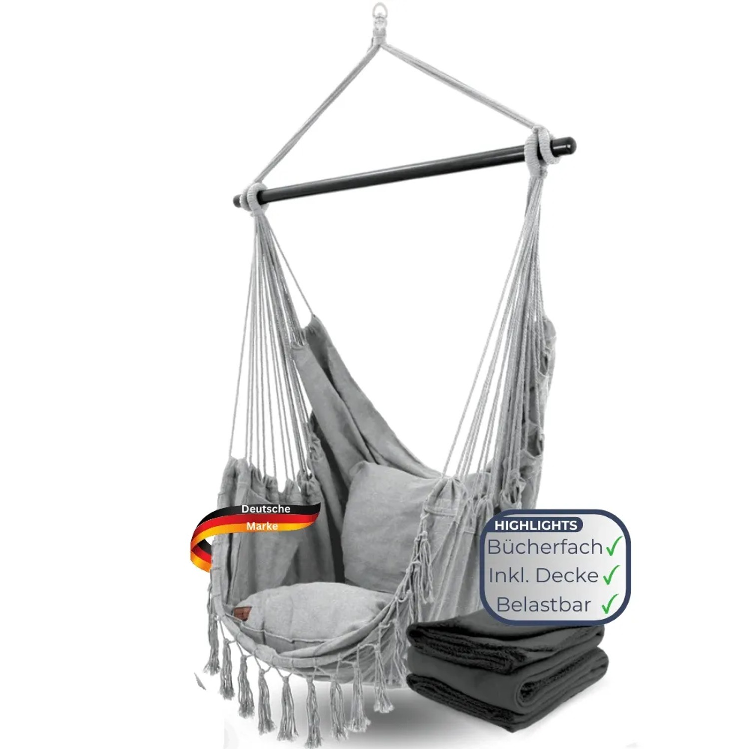 Grauer DELUKE Hängesessel mit Kissen, Kuscheldecke und Bücherfach. Hängestuhl für Indoor & Outdoor, bis 120kg belastbar.
