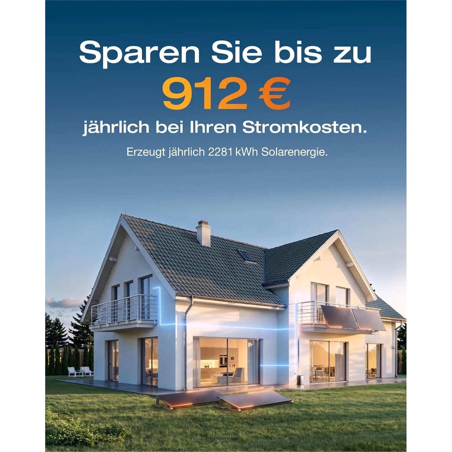 Modernes Haus mit Solarmodulen auf dem Rasen, die Stromkosten senken. Balkonkraftwerk für 912 € jährliche Ersparnis.