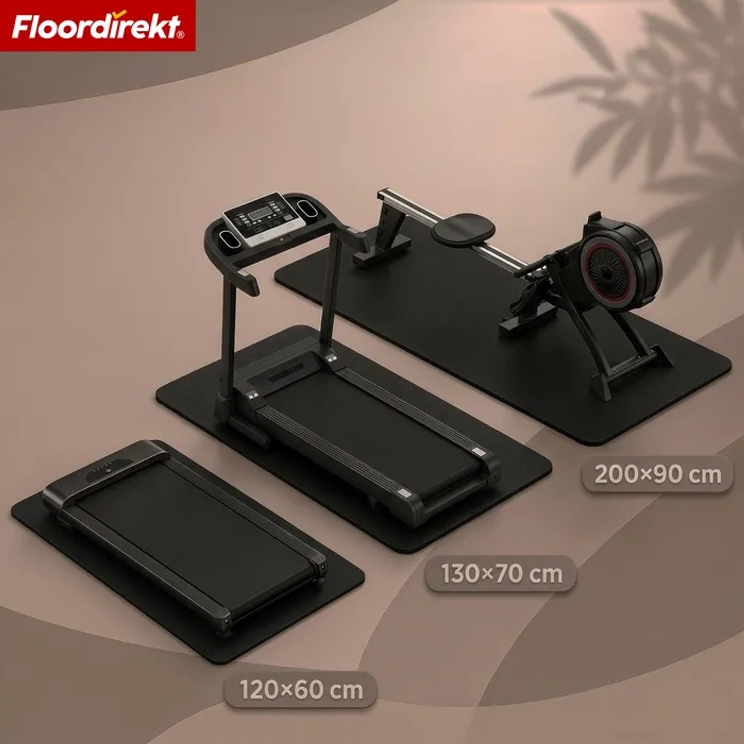 Floordirekt Bodenschutzmatten Sparta in verschiedenen Größen unter Fitnessgeräten.