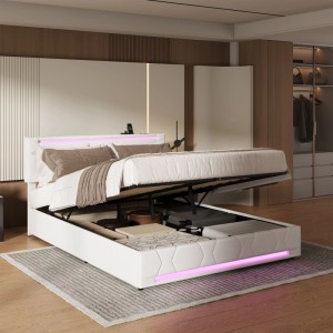 PXloue Polsterbett Doppelbett 140/200 mit LED USB Höhenverstellbares Kopfteil