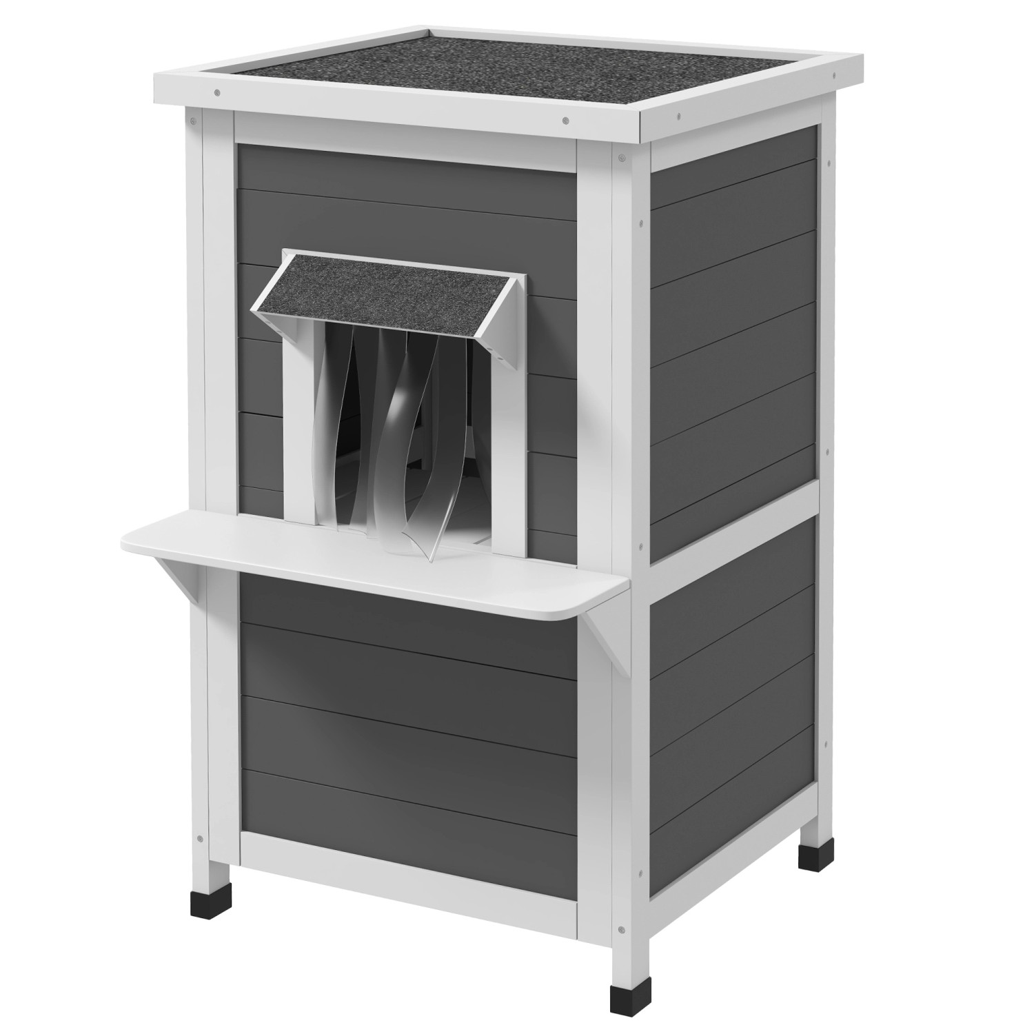 PawHut Katzenhaus Katzenhöhle Tannenholz Grau Weiß 60L x 60B x 81,5H cm