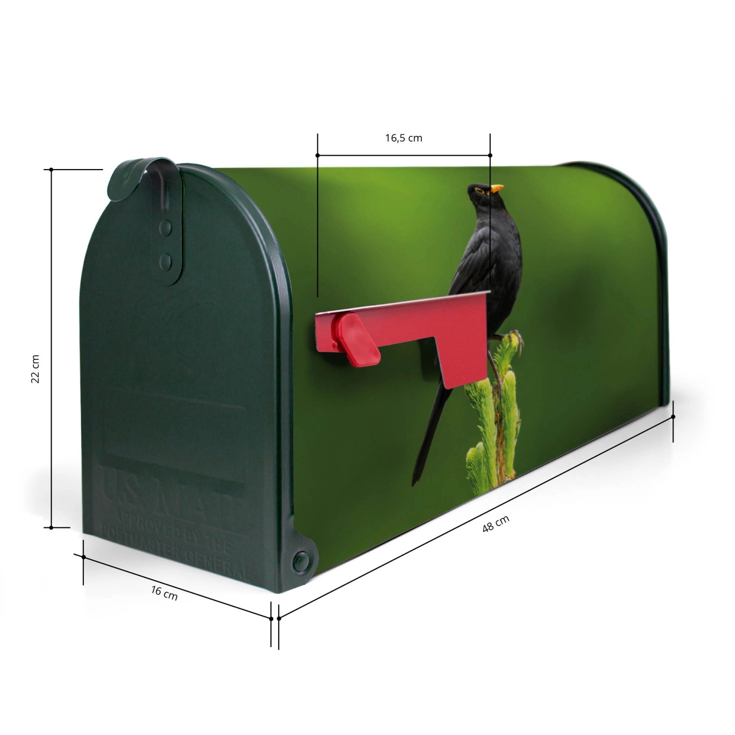 Grüner US Briefkasten mit Vogel Motiv, Stahl, 48x22x16cm. Amerikanischer Postkasten für Wand- oder Standmontage.