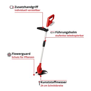 Einhell Akku-Rasentrimmer GC-CT 18/24 Li Solo: Rot-silberner Trimmer mit Flowerguard und verstellbarem Holm.