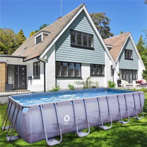 Rechteckiger Avenli Frame Stahlrahmenpool (540x250x100 cm) in Grau mit Leiter und Filterpumpe.