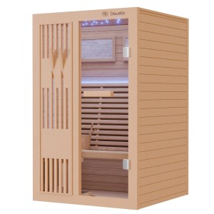 Dewello finnische Sauna Minto 120x120 aus Hemlockholz mit Harvia Ofen und Zubehör.