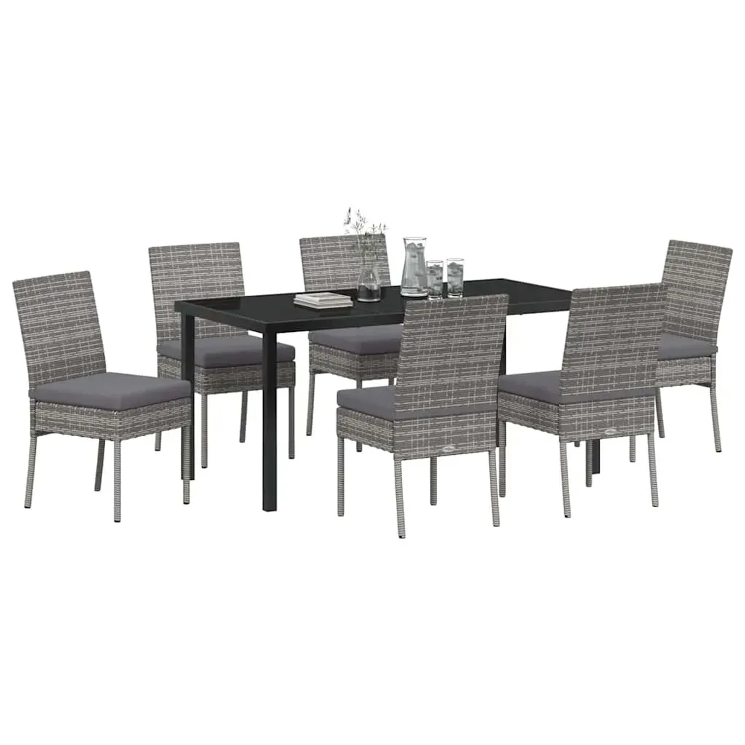 Graue 7-teilige vidaXL Garten Essgruppe aus Polyrattan mit Tisch und 6 Stühlen.