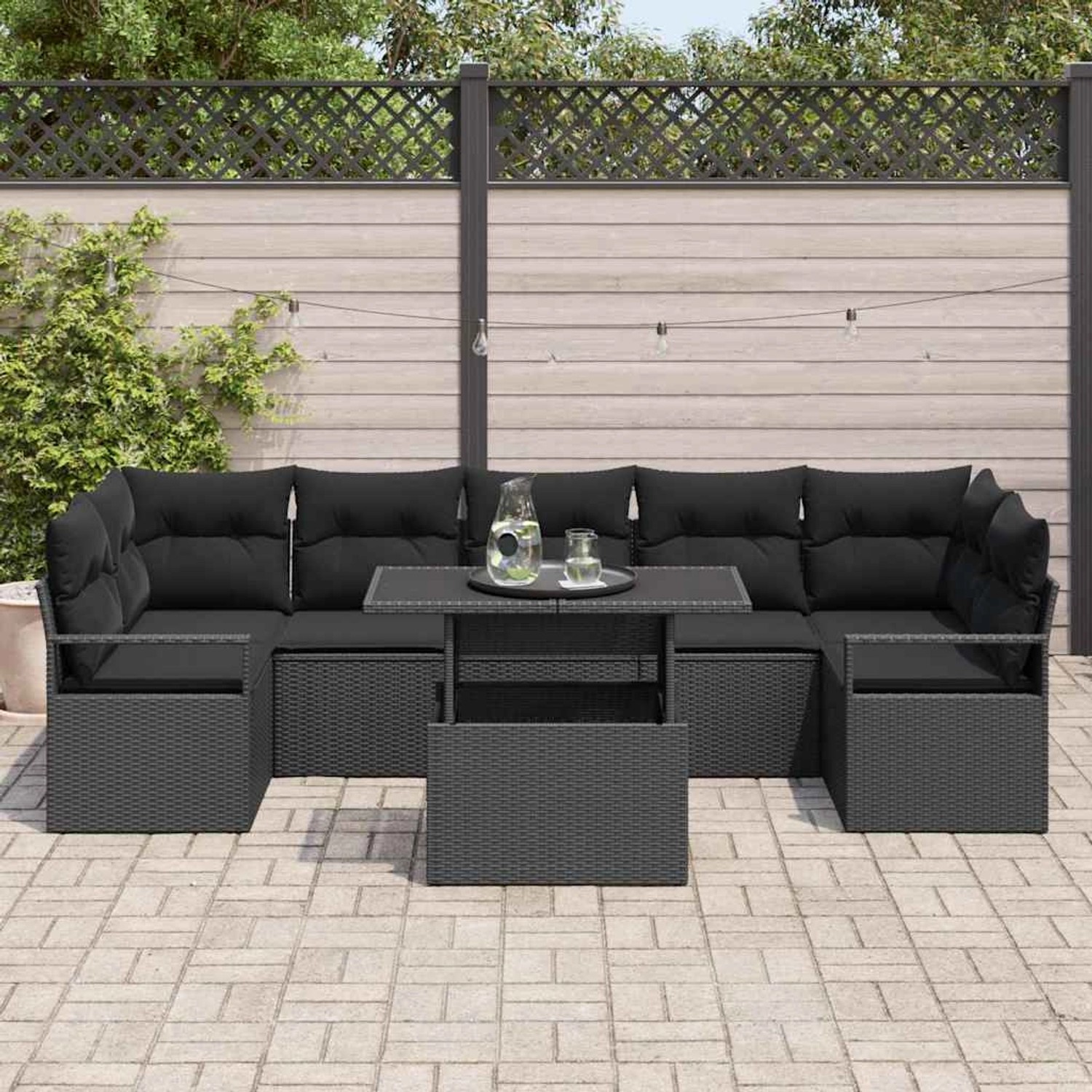 Schwarzes vidaXL Garten-Sofa-Set aus Poly Rattan mit Tisch für den Außenbereich.