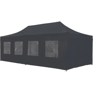 Dunkelgrauer Faltpavillon Carupano 790x397 cm mit Seitenwänden und Fenstern.