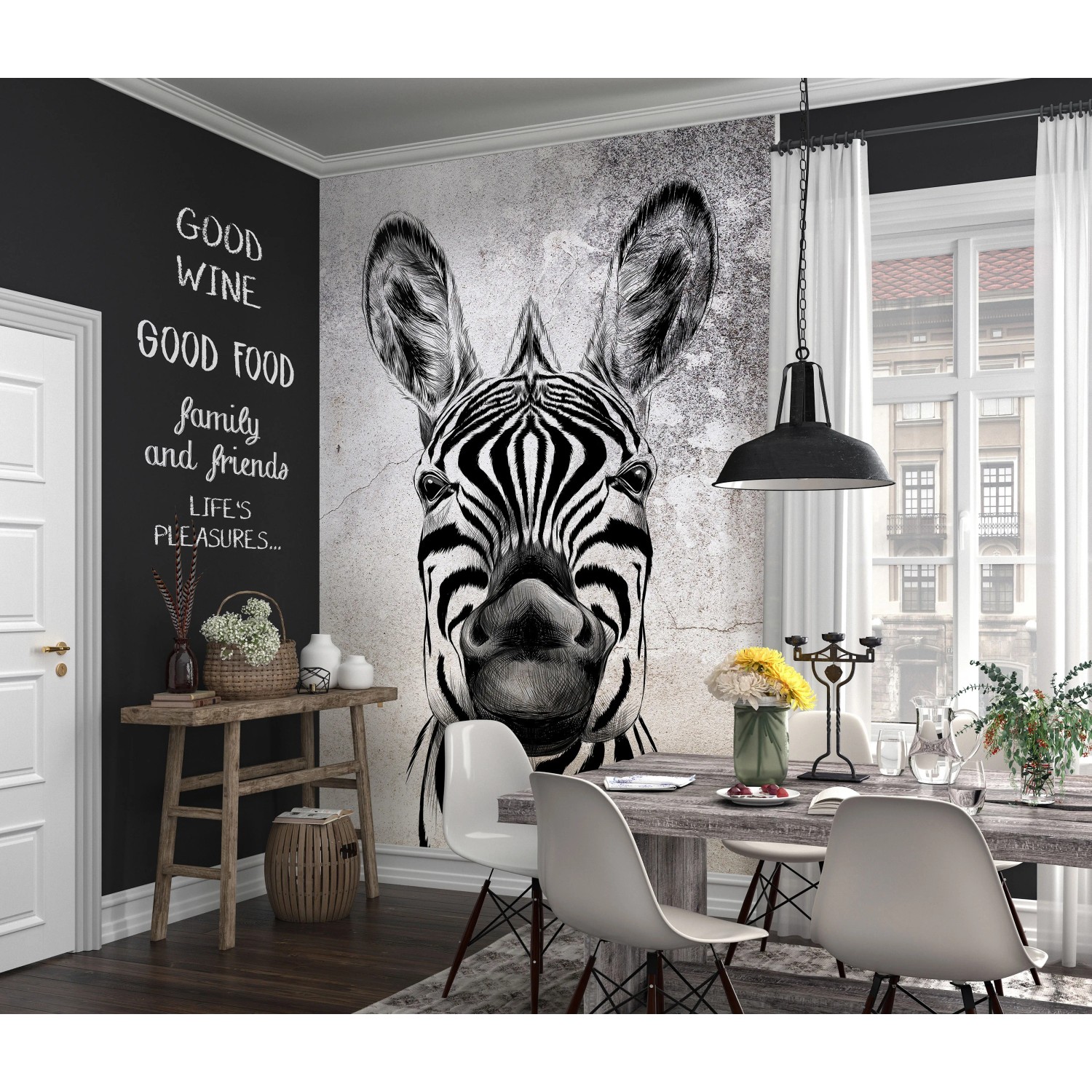 Fototapete Zooom Cool Zebra von Erismann im Esszimmer mit Esstisch und Stühlen.