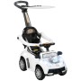 Weißes AIYAPLAY Rutschauto mit Schubstange, Rückenlehne, Sonnendach und leuchtenden Scheinwerfern. Kinder Quad.