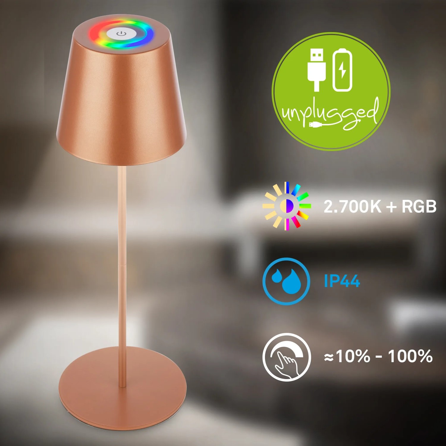 Brilo Tischleuchte mit Flaschenaufsatz, braun, RGB, kabellos, für Innen und Außen.