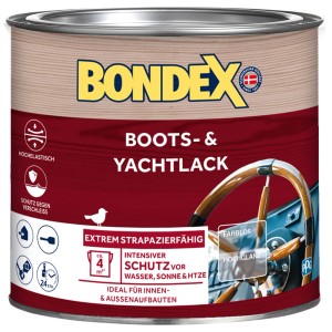 Dose Bondex Boots- und Yachtlack, farblos, hochglänzend, 250ml. Für Innen- und Außenholz.