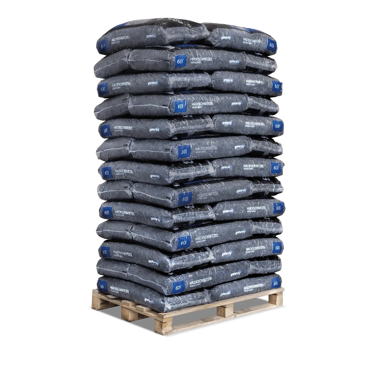 Große Palette Galamio Holzhackschnitzel Grau, 39 Säcke à 60l, für Mulch und Gartengestaltung.