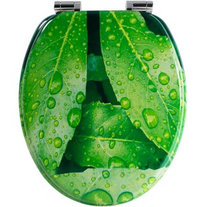 Sanfino WC-Sitz Fresh Leaves mit Absenkautomatik, Holz Toilettendeckel mit grünem Blätter-Motiv.