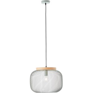 Helle, grüne Brilliant Pendelleuchte Giada Ø 39cm mit Holzdetail und modernem Gitter.