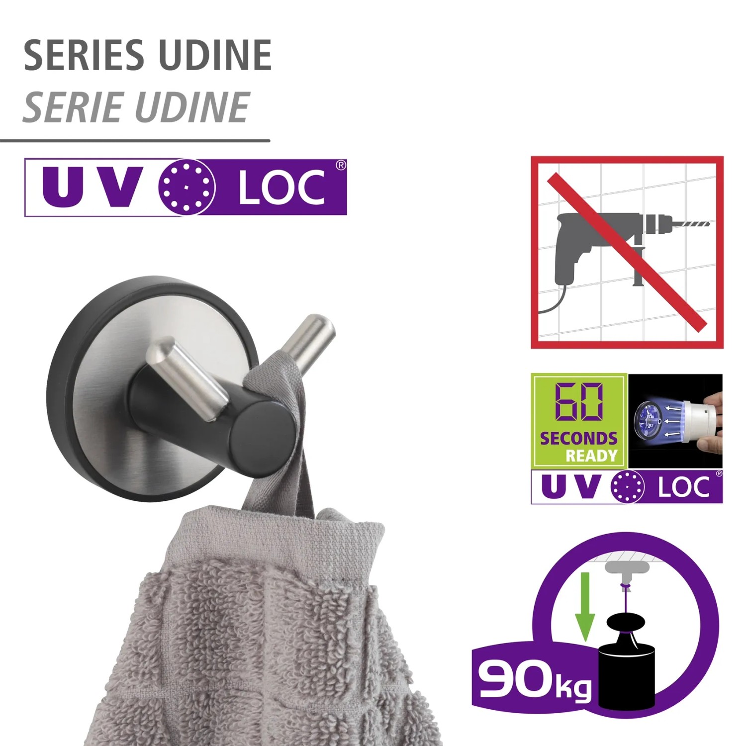 WENKO Wandhaken Duo Udine UV-Loc®, Handtuchhalter aus Edelstahl, Montage ohne Bohren.