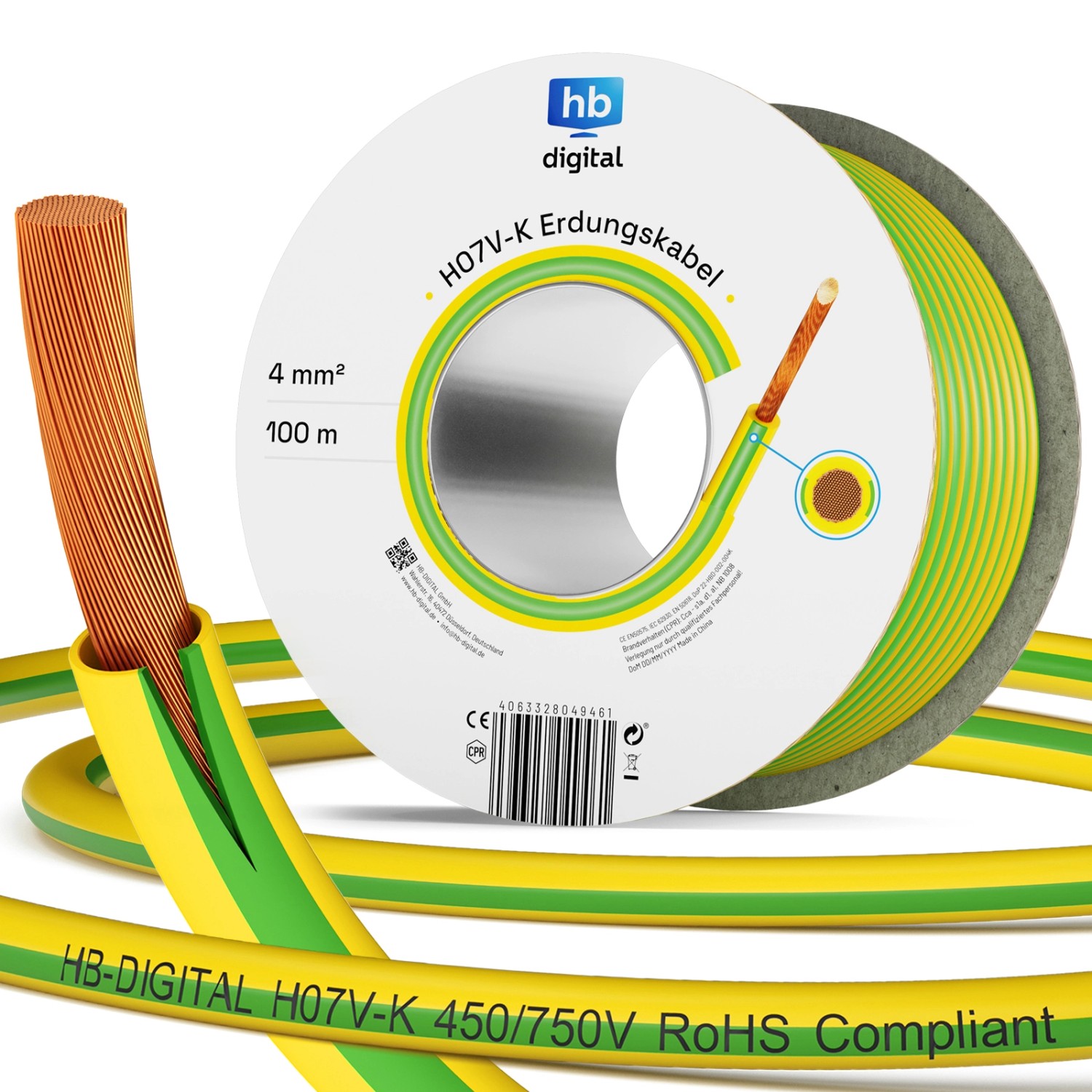 hb-digital 500m PVC Aderleitung H07V-K Erdungskabel 4mm2 Flexibel